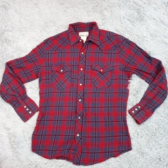 Wrangler Mens‎ Wrancher Shirt Red M Plaid Pearl Snap Workwear Chore Rancher - Picture 1 of 11
